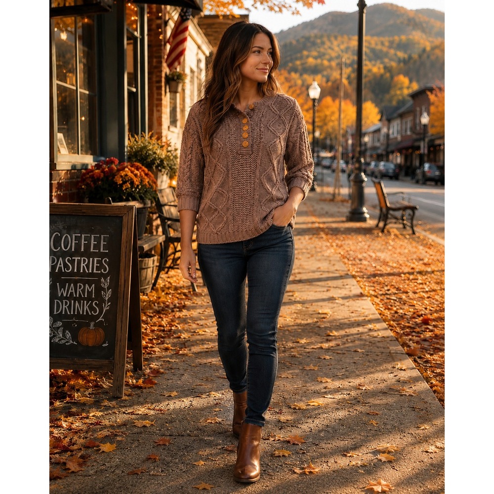 VTG! Hunters Run Womens Brown Cable‎ Knit Henley Sweater Ramie Cotton Size M